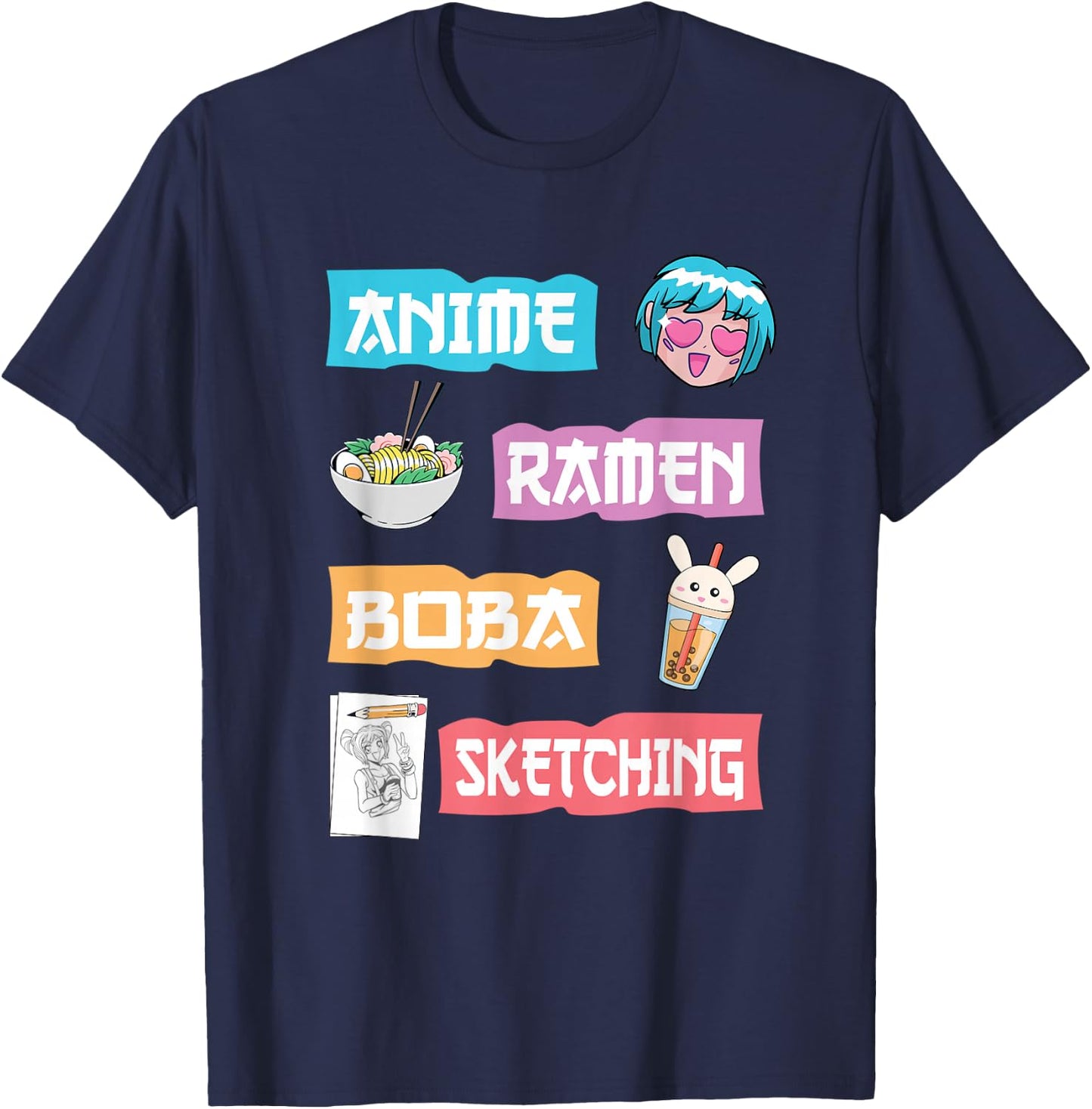 Anime Ramen Boba Sketching - Kawaii Anime Lover Merch Gift Small T-Shirt - T-Shirt | Navy