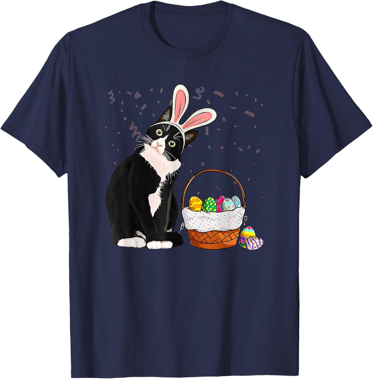 Easter Day Cat Bunny Ears Eggs Shirt Men Women Easter Rabbit T-Shirt - T-Shirt | Navy
