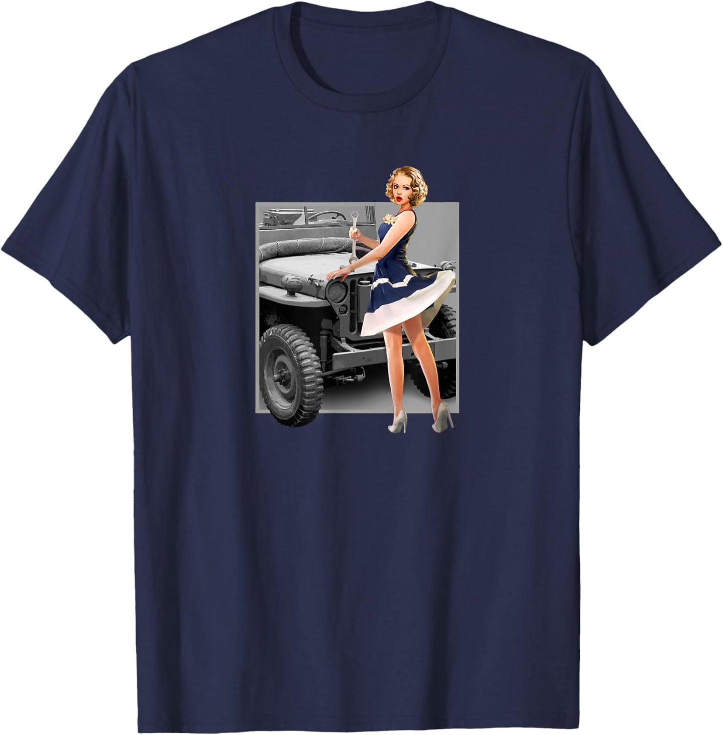 Pin up Girls Willys MB WW2 Poster Vintage T-Shirt - T-Shirt | Navy