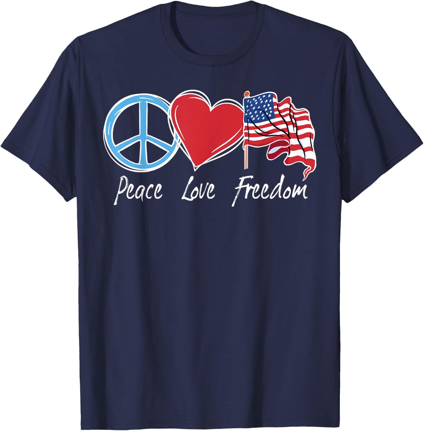 Patriotic Retro Peace Love Freedom USA Flag 4th of July T-Shirt - T-Shirt | Navy