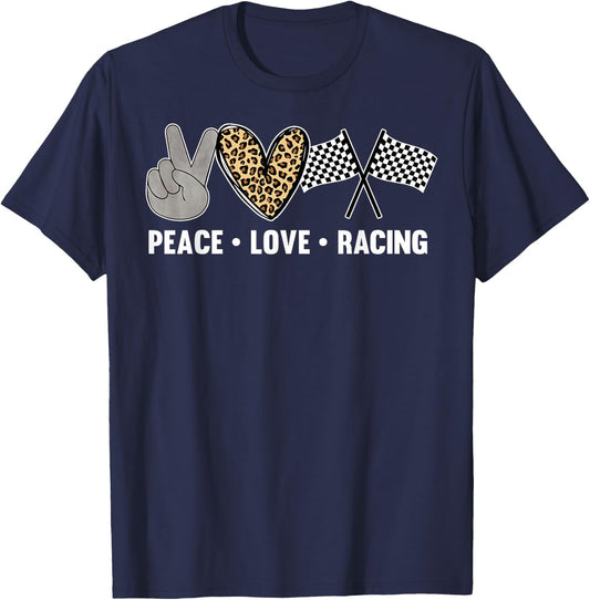 Women's Racing Design Kids Girls Peace Love Racing Race Flag T-Shirt - T-Shirt | Navy