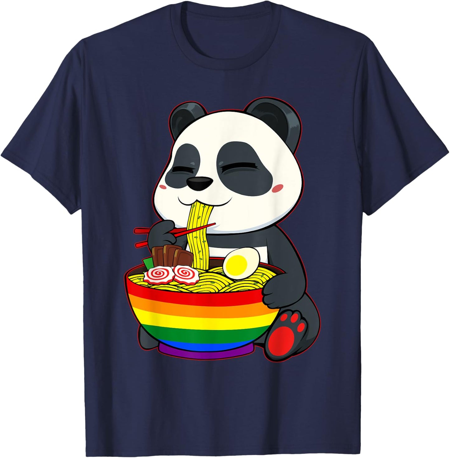 Panda Eating Ramen LGBT-Q Cute Rainbow Flag Gay Pride Ally T-Shirt - T-Shirt | Navy
