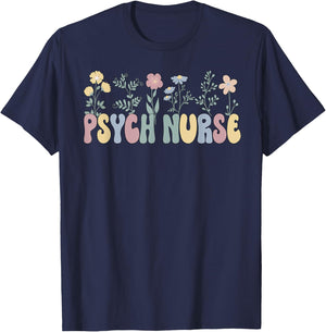 Groovy Psych Nurse Flowers Psychiatric Nursing T-Shirt - T-Shirt | Navy