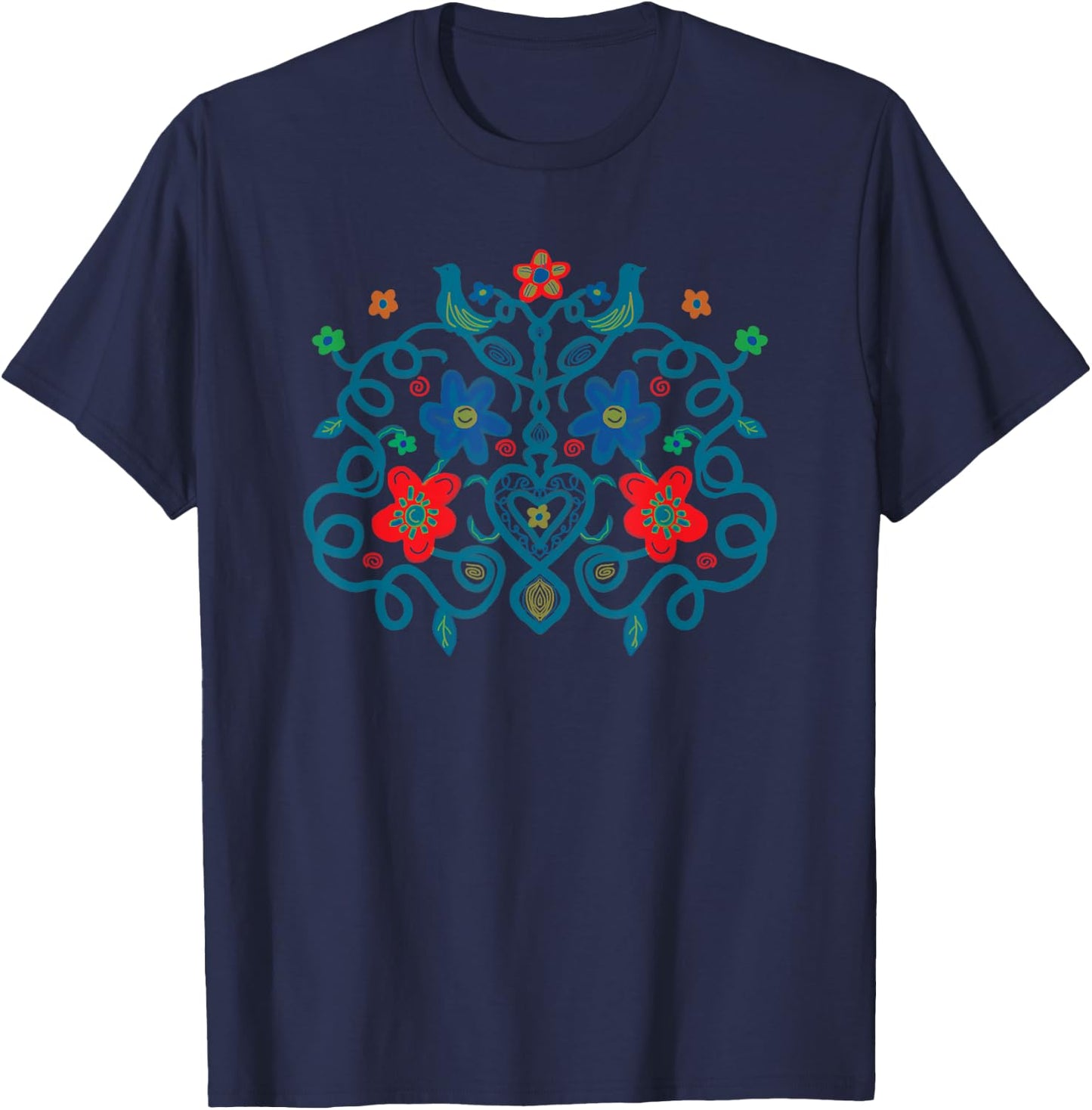 Swedish Folk Art Style Painting Birds Vines Flowers Hearts T-Shirt - T-Shirt | Navy