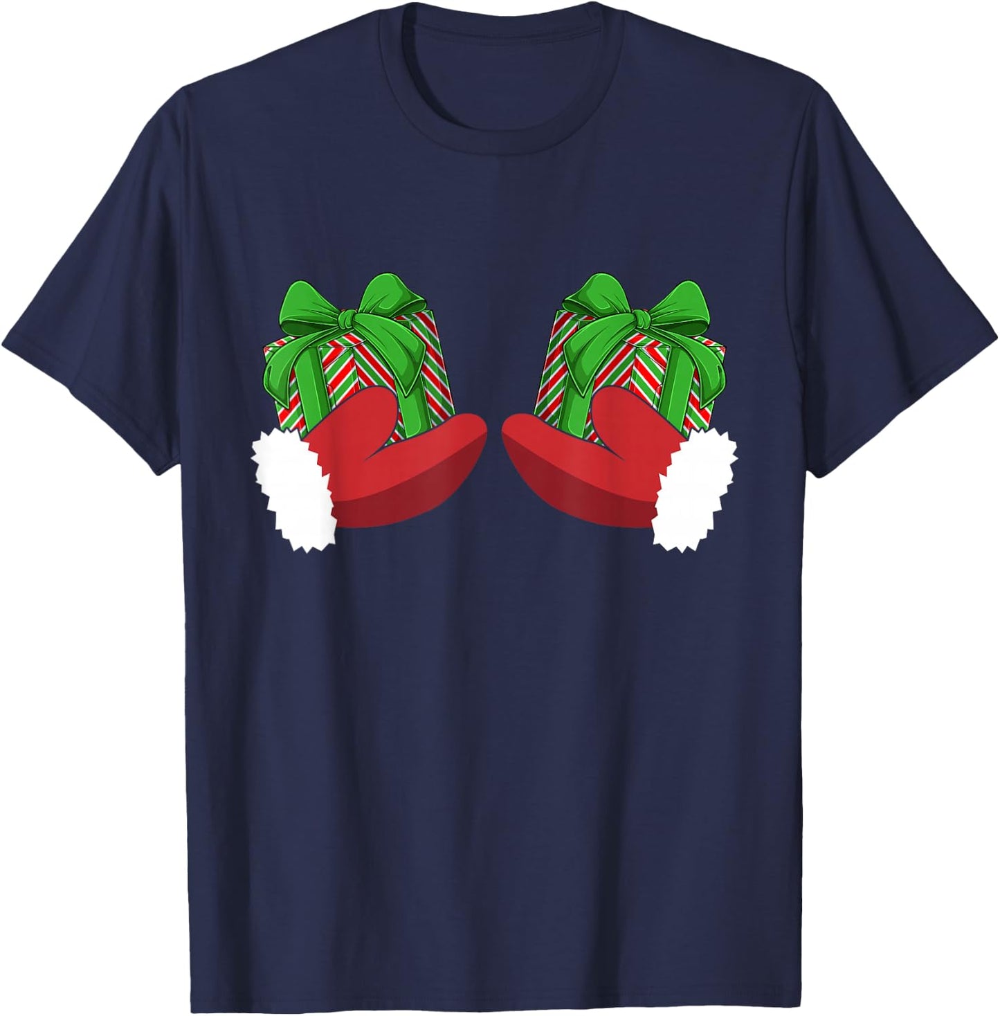 Christmas Boobs Santa Hands Holding Gifts Hand Bra Adult T-Shirt - T-Shirt | Navy