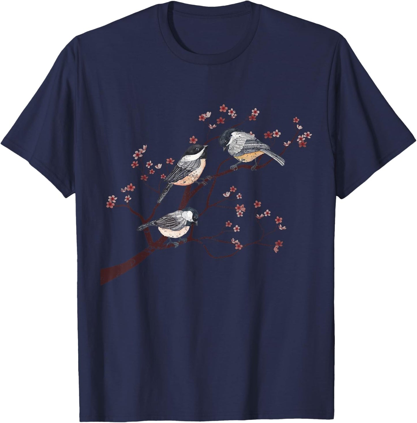 Bird Watcher Chickadee Vintage Nature Blossom Birds T-Shirt - T-Shirt | Navy