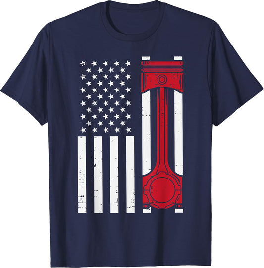 Piston US Flag Car Auto Technician Garage Mechanic Men Dad T-Shirt - T-Shirt | Navy