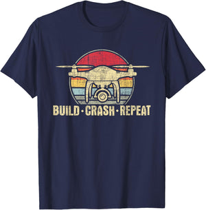 Funny Drone Shirts - Build Crash Repeat - Drone Pilot Quadcopter FAA Certified -Adults Black T-Shirt - T-Shirt | Navy