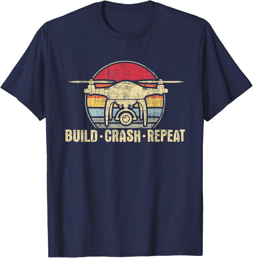 Funny Drone Shirts - Build Crash Repeat - Drone Pilot Quadcopter FAA Certified -Adults Black