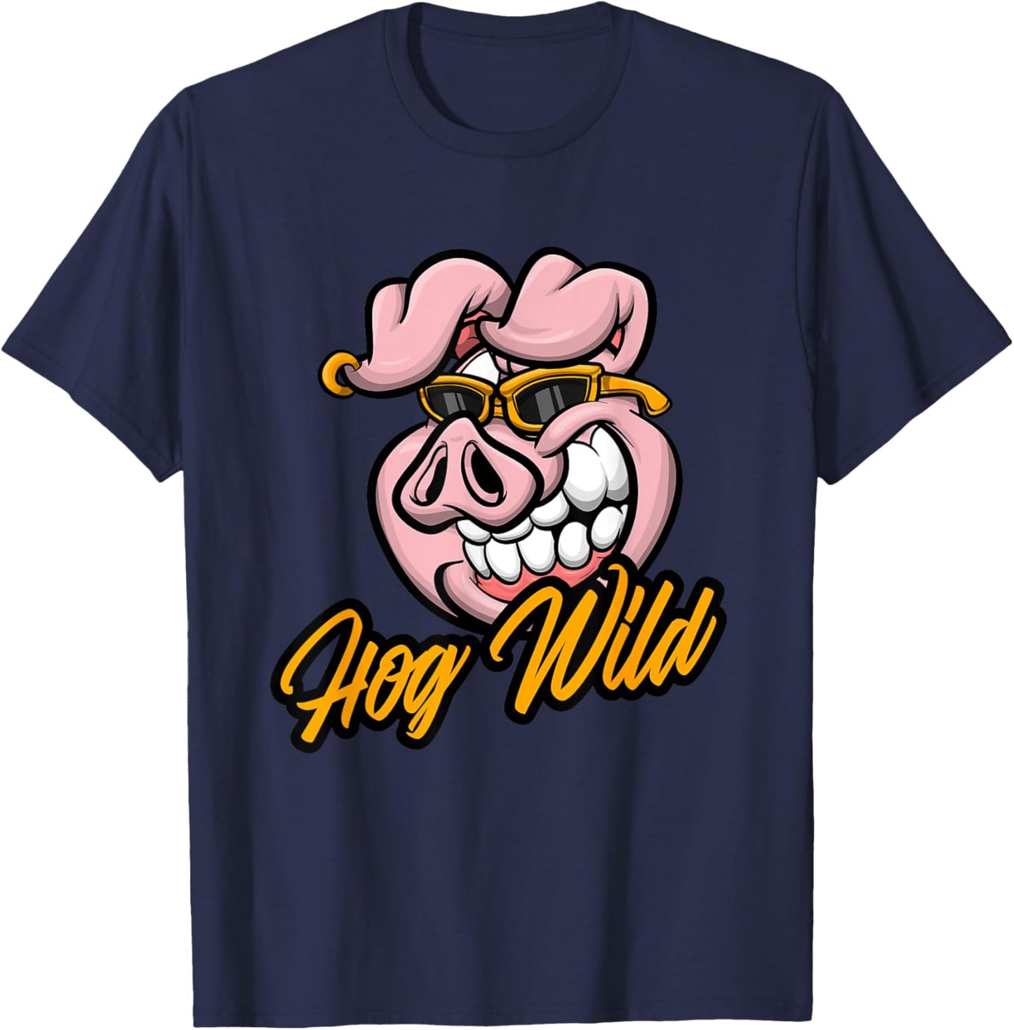 Hog Wild | Funny Cool Cartoon Pig | Farmer Biker Swine Gift T-Shirt - T-Shirt | Navy