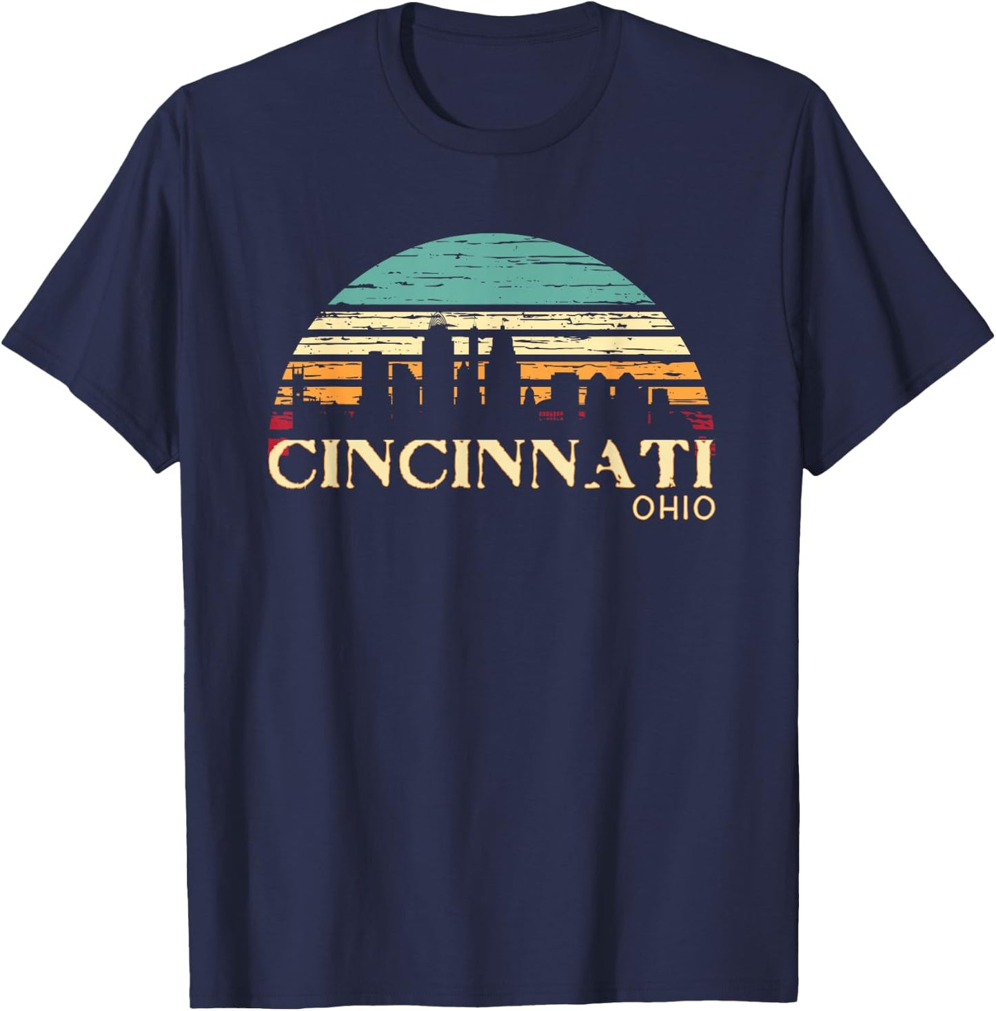 Retro Sunset Cincy Downtown Cincinnati Ohio Skyline Art Gift T-Shirt - T-Shirt | Navy