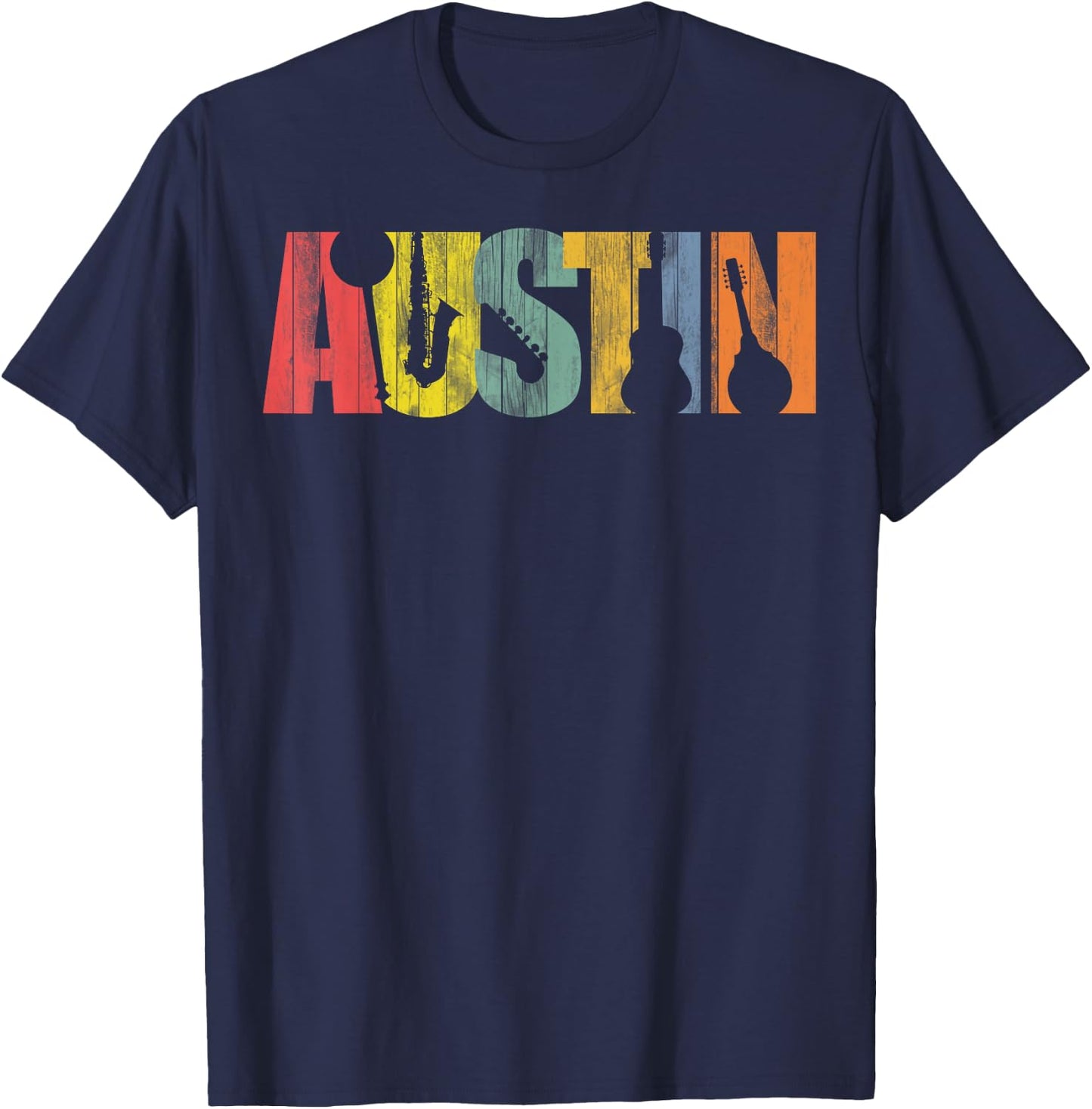Austin Texas Distressed Vintage Musical Instrument Design T-Shirt - T-Shirt | Navy