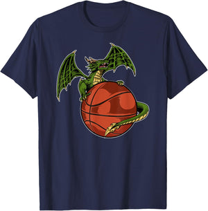 Cool Basketball Dragon Sitting On BBall Fantasy T-Shirt - T-Shirt | Navy