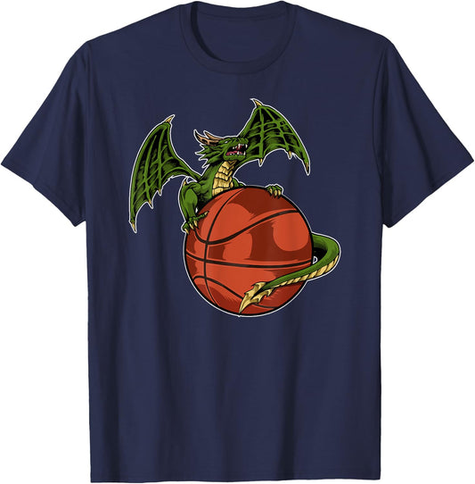 Cool Basketball Dragon Sitting On BBall Fantasy T-Shirt - T-Shirt | Navy