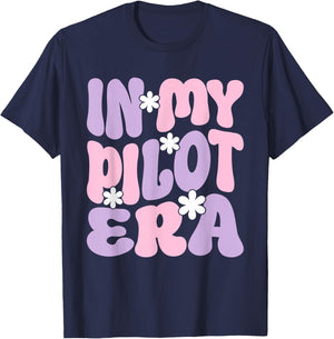 In My Pilot Era Female Pilot Airplanes Aviation Groovy T-Shirt - T-Shirt | Navy