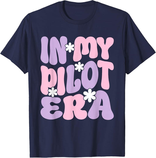 In My Pilot Era Female Pilot Airplanes Aviation Groovy T-Shirt - T-Shirt | Navy