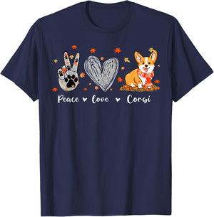 Peace Love Corgi Funny Corgi Dog Lover Pumpkin Fall Season Men Women T-Shirt - T-Shirt | Navy