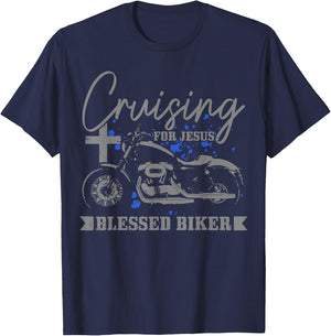Christian Biker Cruising For Jesus Blessed Motorcycle T-Shirt - T-Shirt | Navy