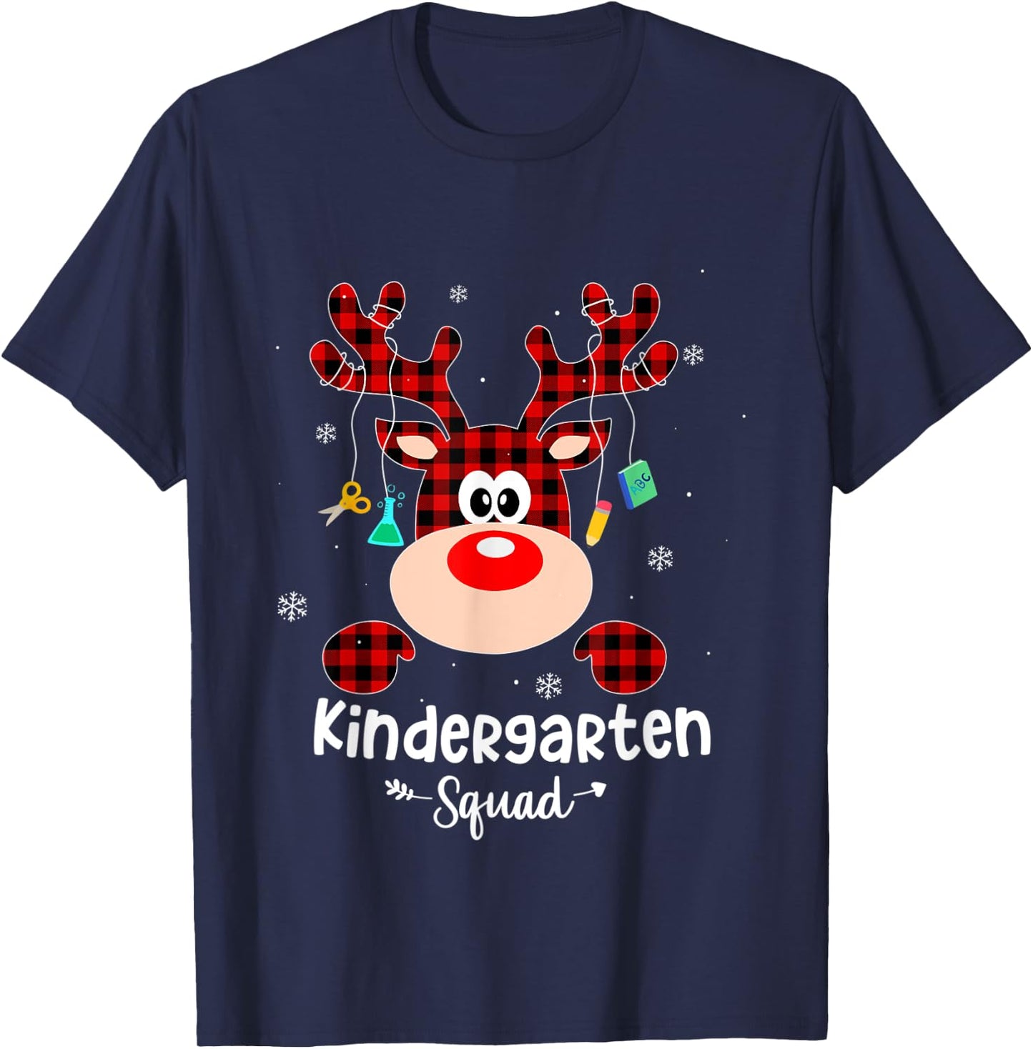 Kindergarten Squad Cute Red Plaid Reindeer Teacher Christmas T-Shirt - T-Shirt | Navy