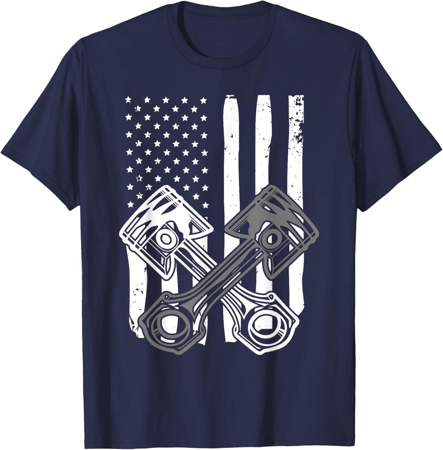 Vintage American Flag Piston Funny Muscle Car Mechanic Gift T-Shirt - T-Shirt | Navy