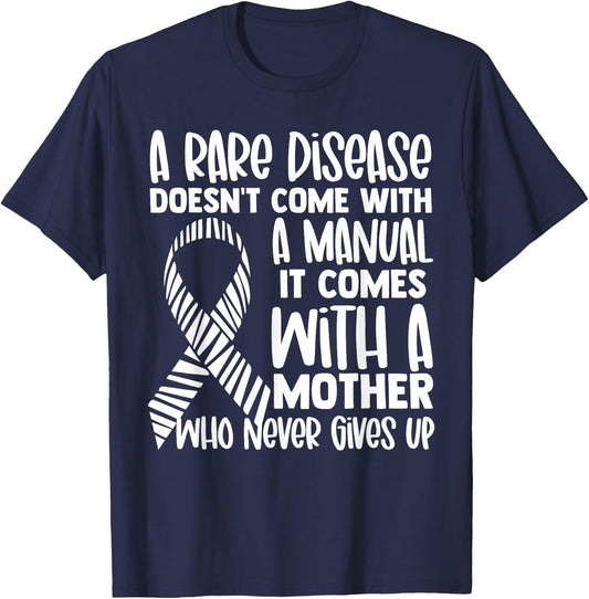 Rare Diseases Awareness Zebra Ribbon Mother Never Gives Up T-Shirt - T-Shirt | Navy