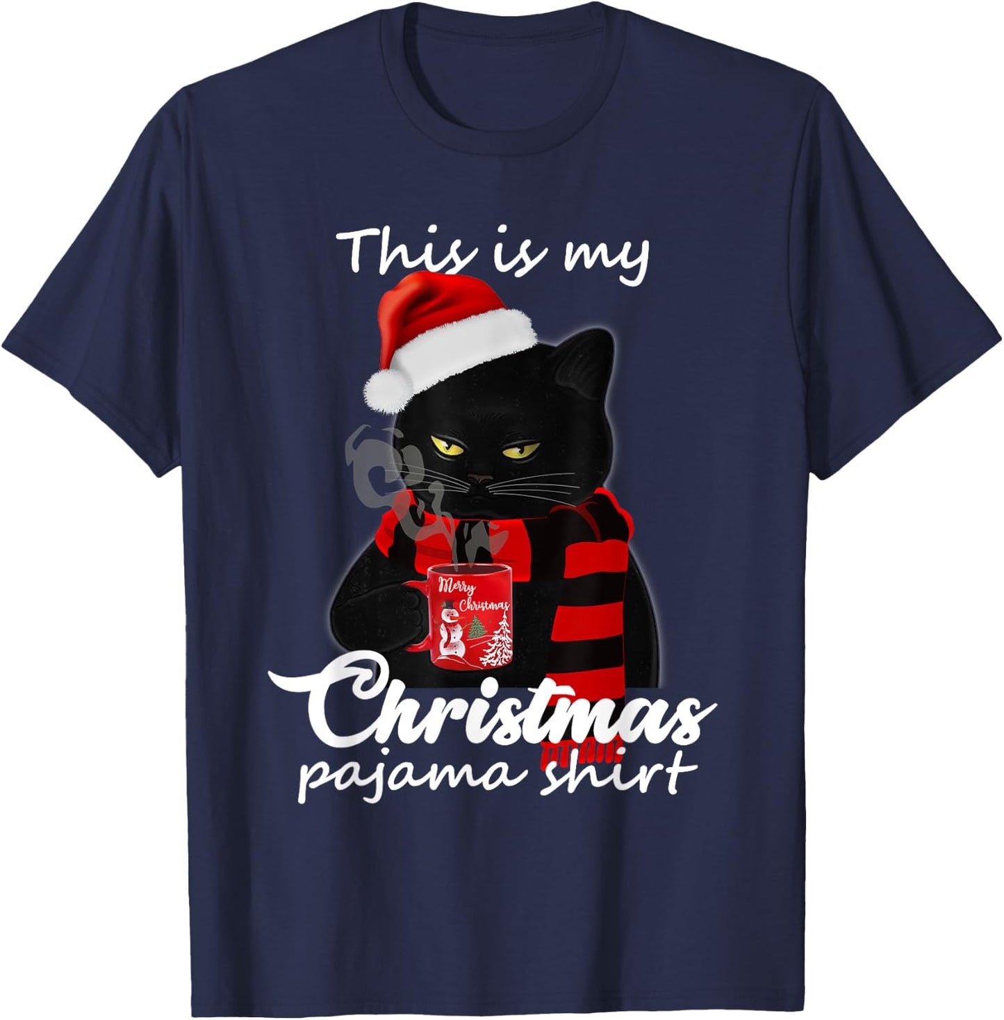 This Is My Christmas Pajama Shirt Funny Cat and Coffee Lover T-Shirt - T-Shirt | Navy