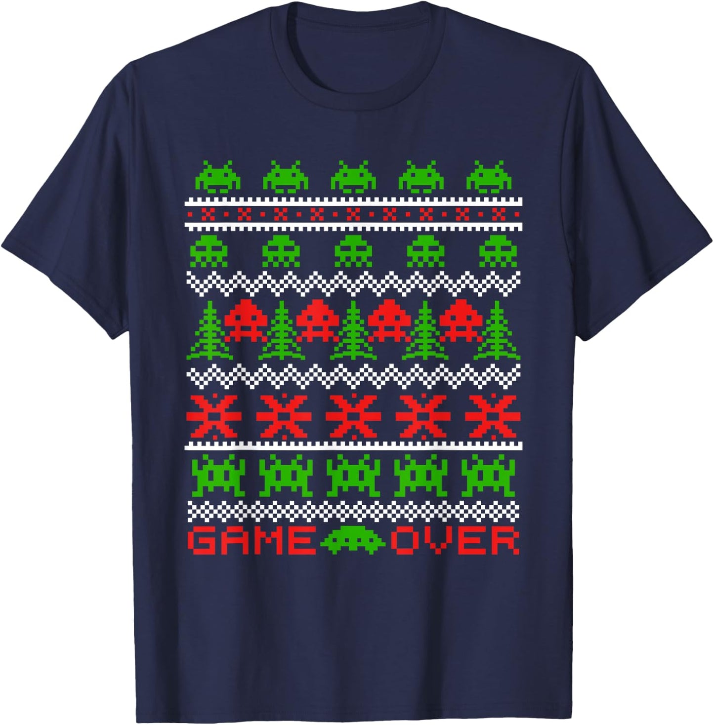 8-bit 80s Space Alien Invaders Ugly Christmas Gamers Sweater T-Shirt - T-Shirt | Navy