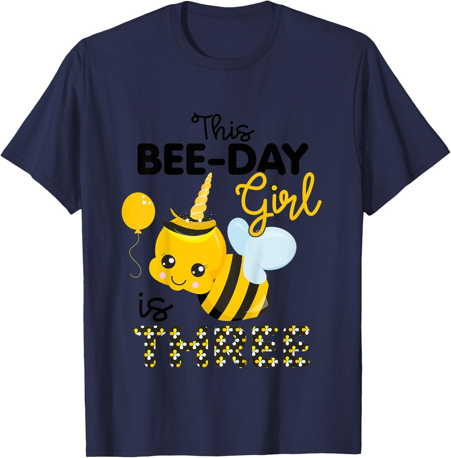 Kids 3rd Birthday Girl Bee Themed 3 Year Old Bday Matching Party T-Shirt - T-Shirt | Navy