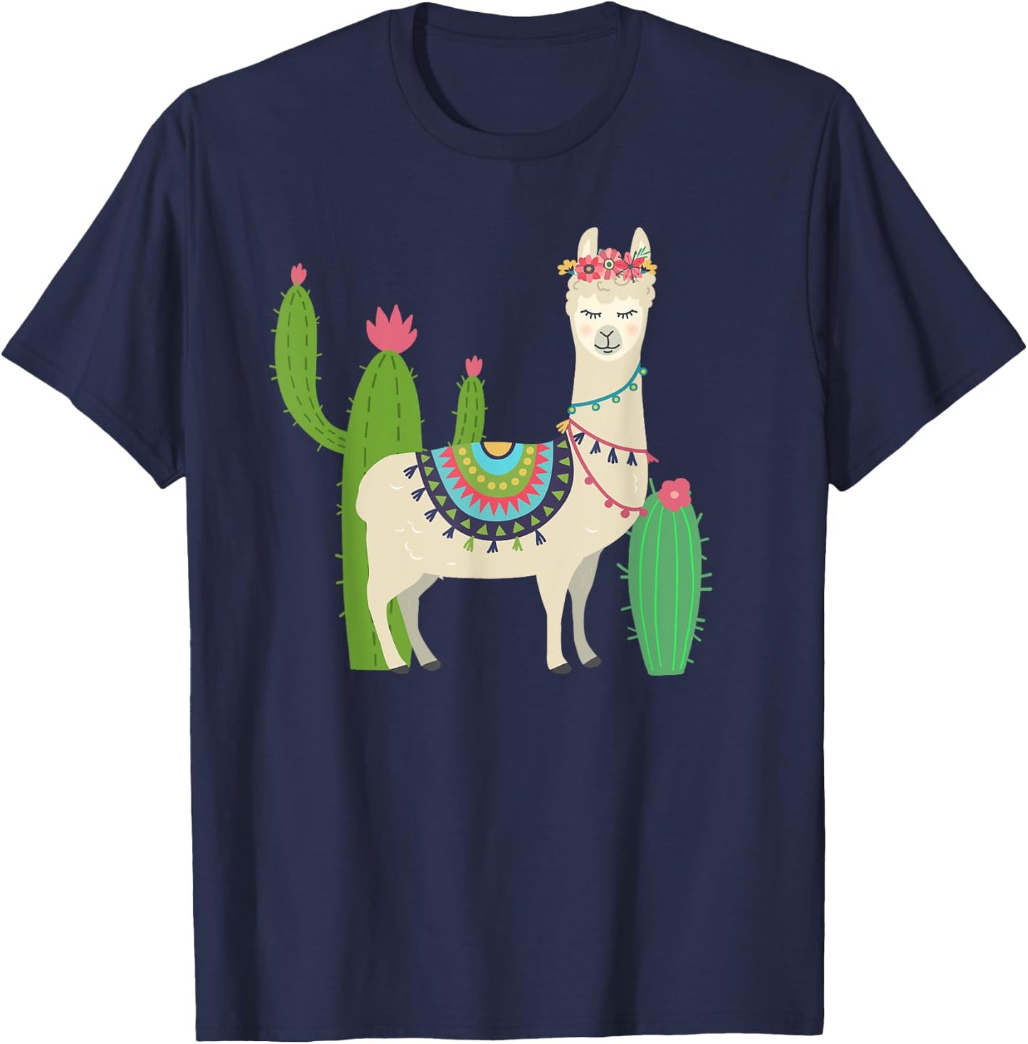 Cute Llama With Flower & Cactus / Llama Lover Gift T-Shirt - T-Shirt | Navy