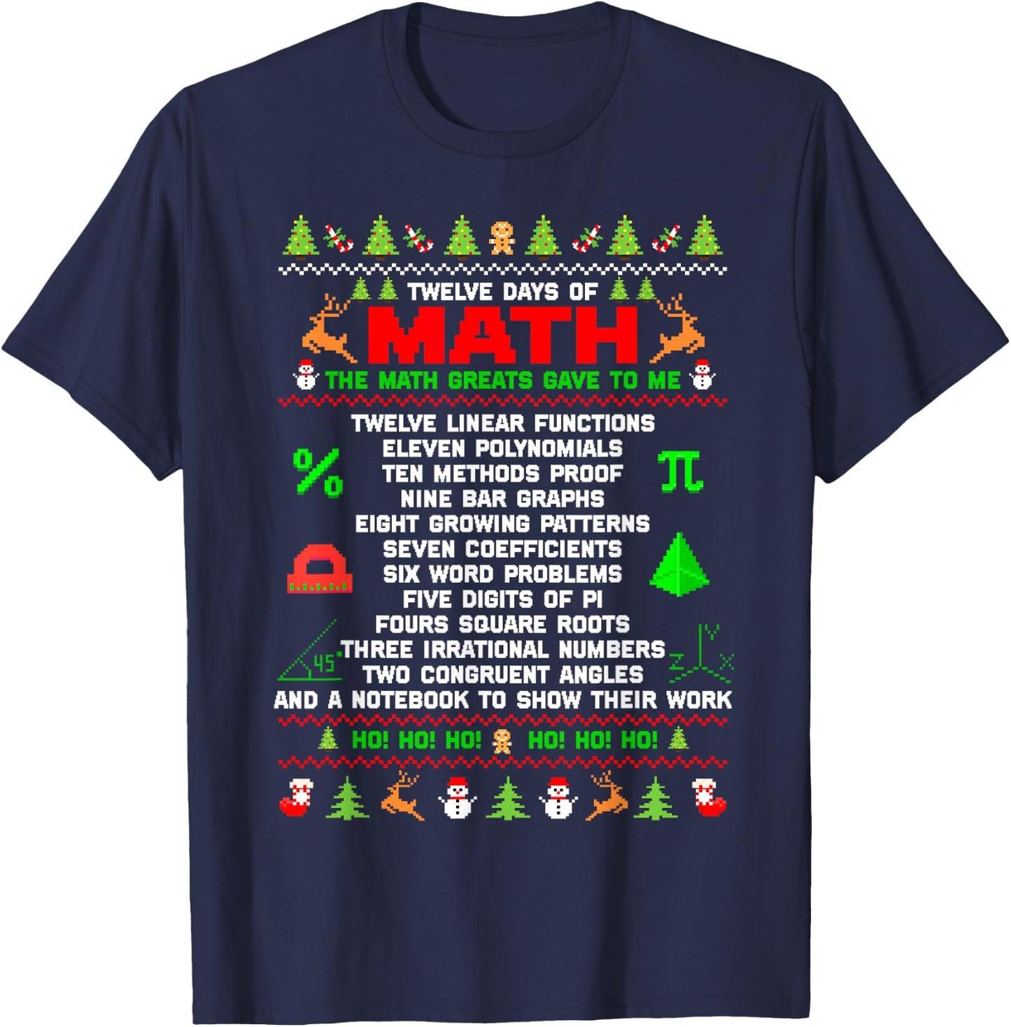 Twelve Days Of Math Teacher Students Ugly Sweater Christmas Men Women Kids T-Shirt - T-Shirt | Navy