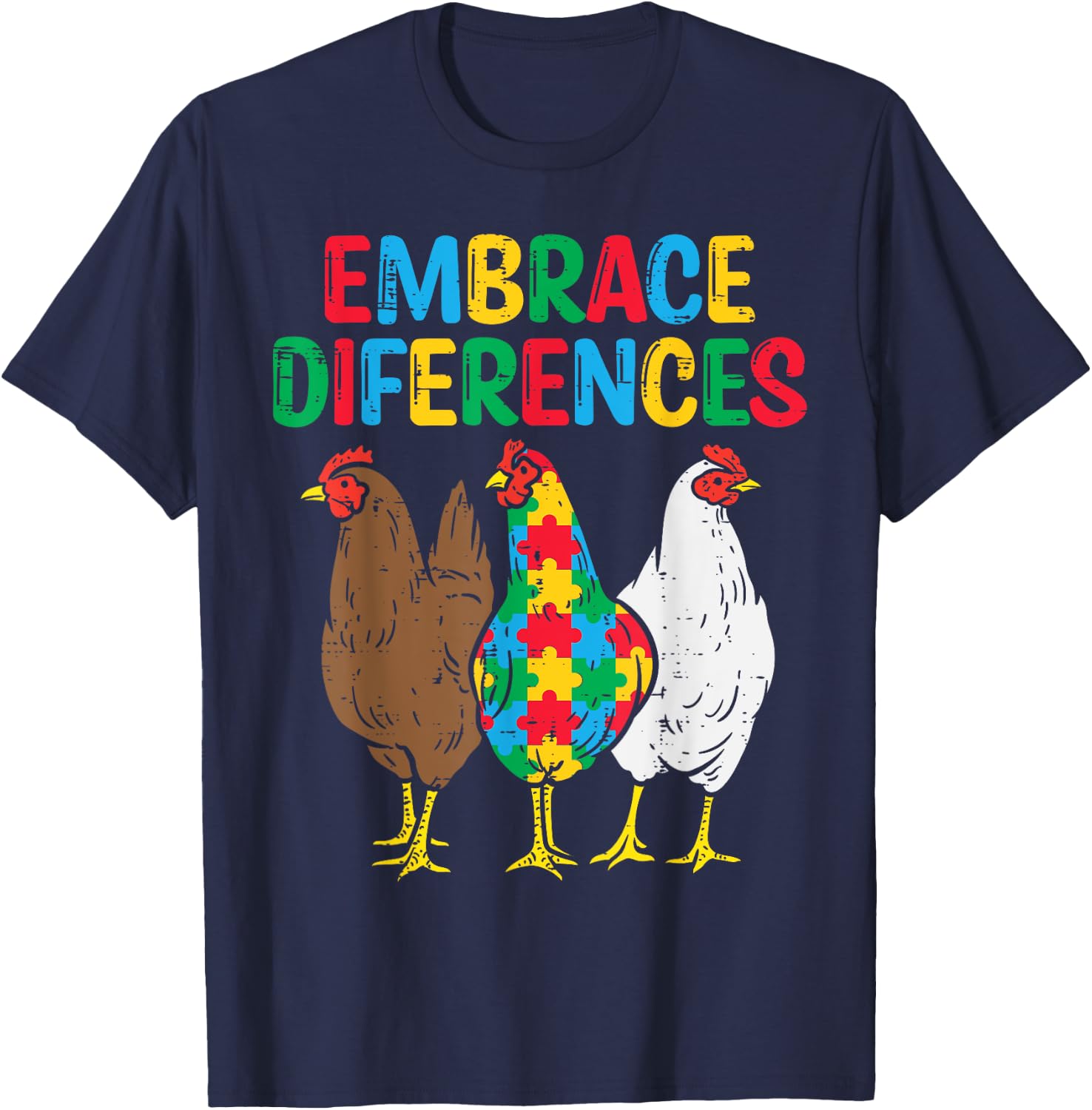 Embrace Differences Chicken Puzzle Autism Awareness Animal T-Shirt - T-Shirt | Navy