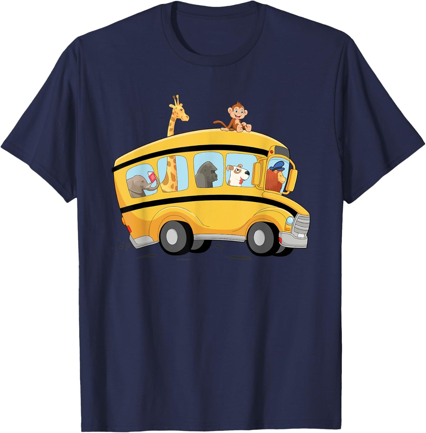 lion,Dog and Monkey in a School Bus Funny Men Women Kids T-Shirt - T-Shirt | Navy