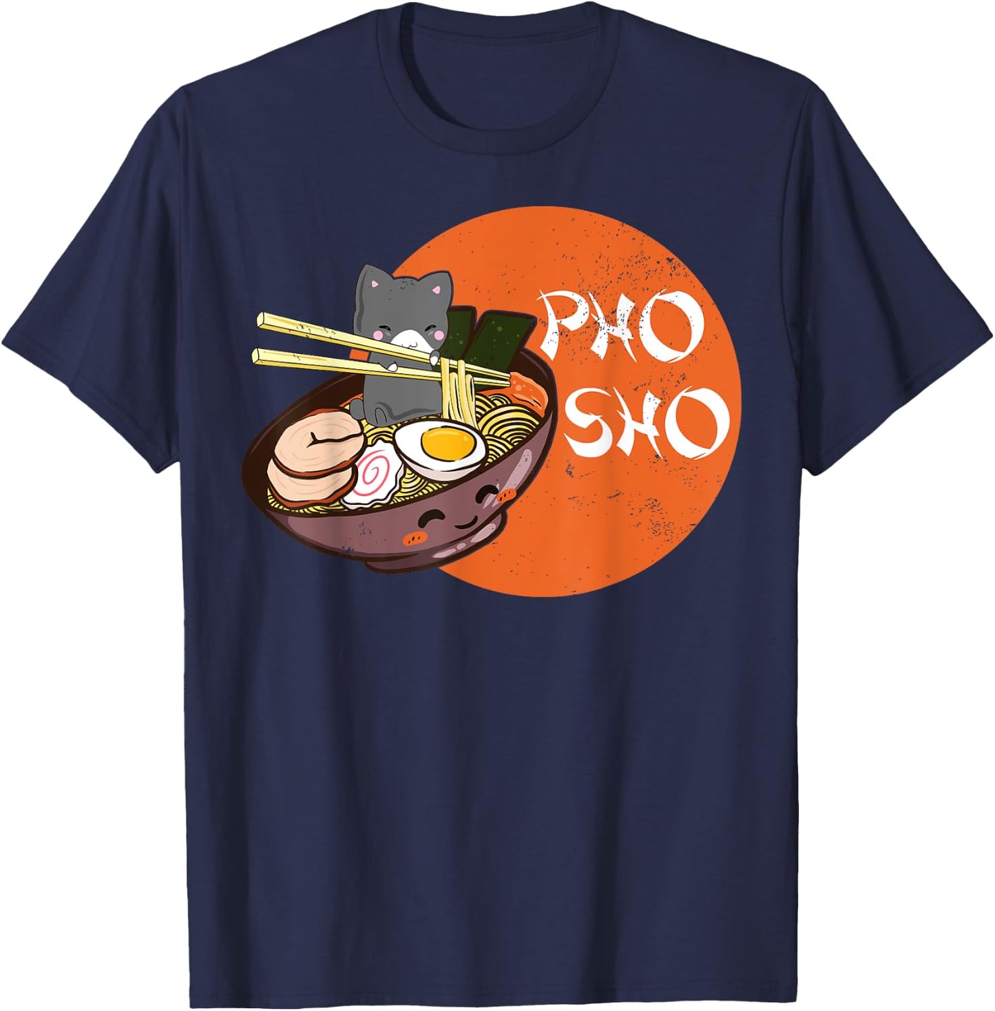 Vintage Kawaii Cat Pho Sho Vietnamese Bowl Ramen Noodle Gift T-Shirt - T-Shirt | Navy