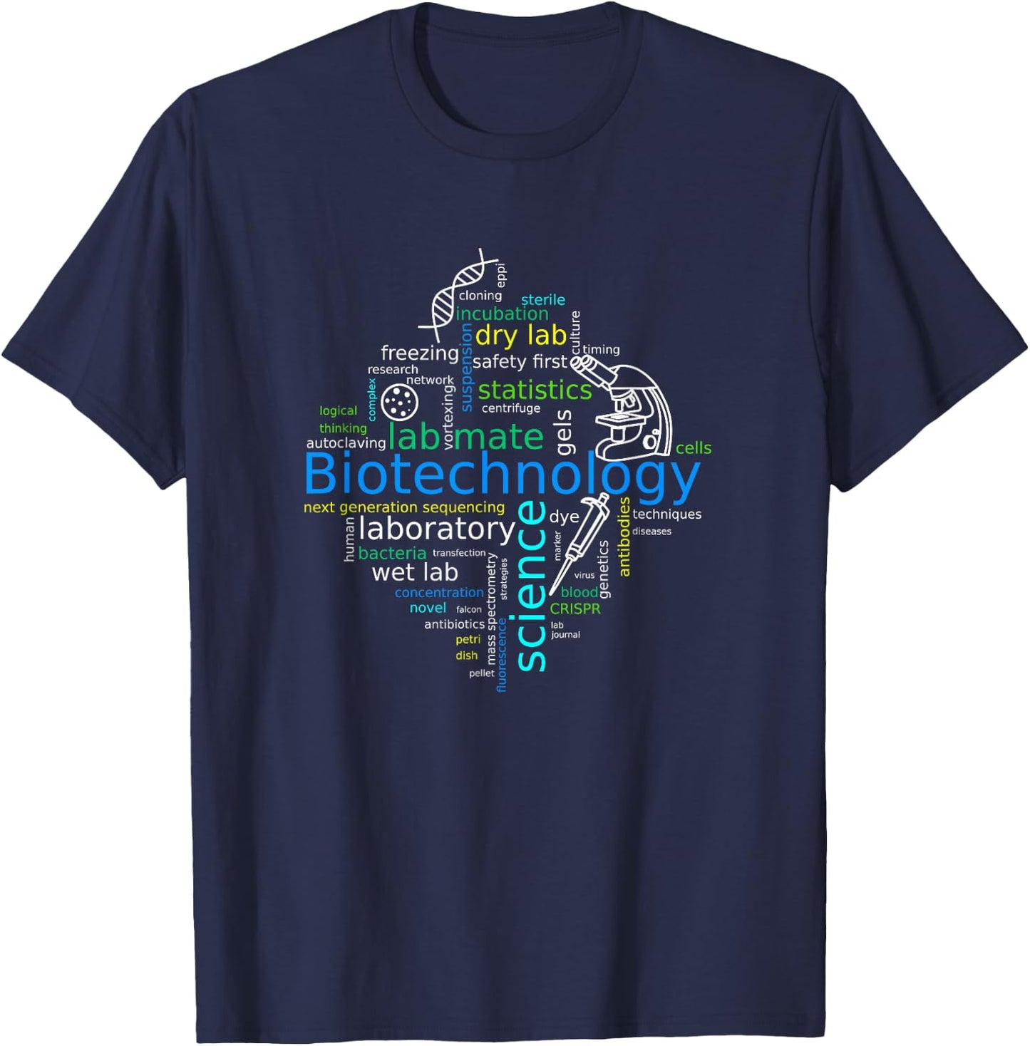 Word cloud biotech with microscope, pipette and dna T-Shirt - T-Shirt | Navy