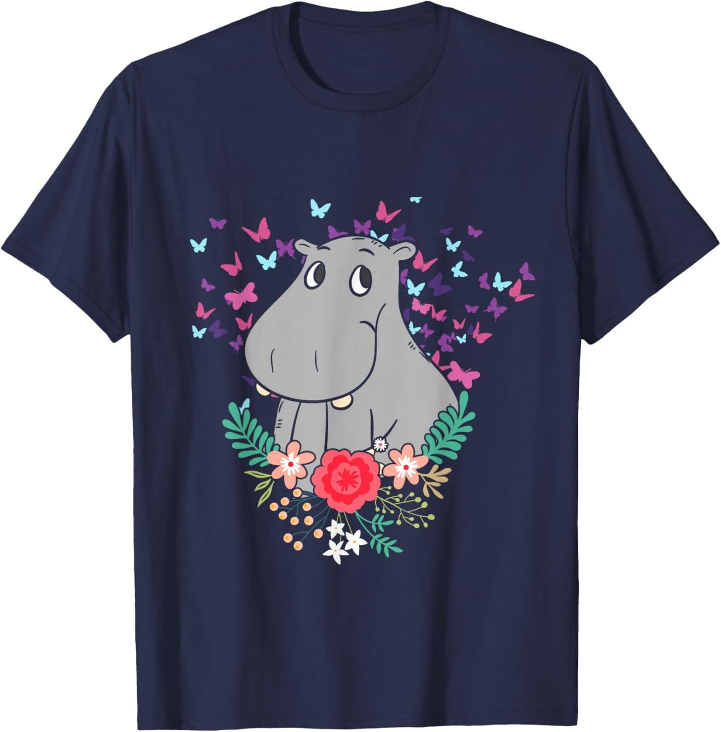 Animal Lover Butterfly Valentines Day Gift Flowers Hippo T-Shirt - T-Shirt | Navy