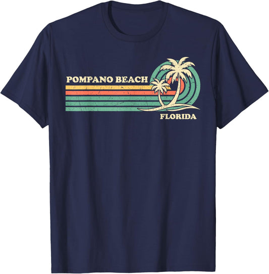 Vintage Retro Summer Vacation Florida Pompano Beach Men Women Kids T-Shirt - T-Shirt | Navy