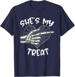 She's My Treat Funny Halloween Matching Couple Boyfriend T-Shirt - T-Shirt | Navy