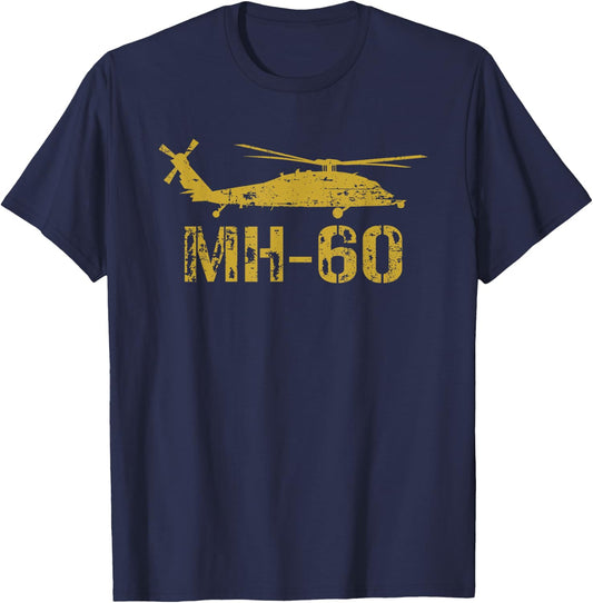 MH-60 Helicopter Aircraft Distressed Silhouette Design T-Shirt - T-Shirt | Navy