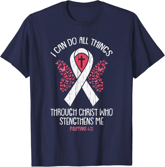 I Can Do All Things Through Christ Breast Cancer Awareness T-Shirt - T-Shirt | Navy