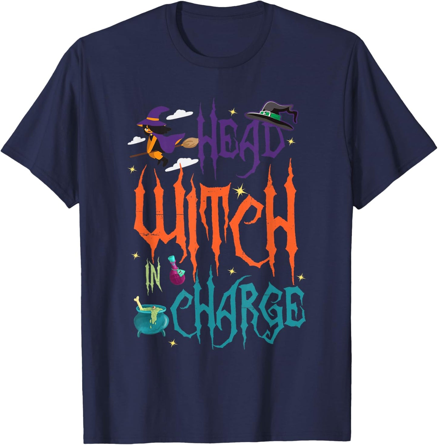 Head Witch in Charge Hat Brew Broom Halloween T-Shirt - T-Shirt | Navy