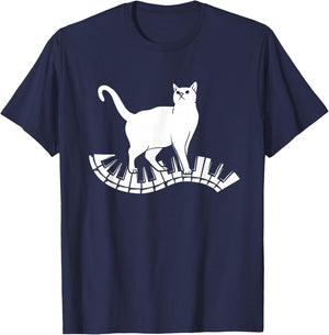 Funny Piano Music Cat Design Men Women Kids Cat Piano Lovers Small T-Shirt - T-Shirt | Navy