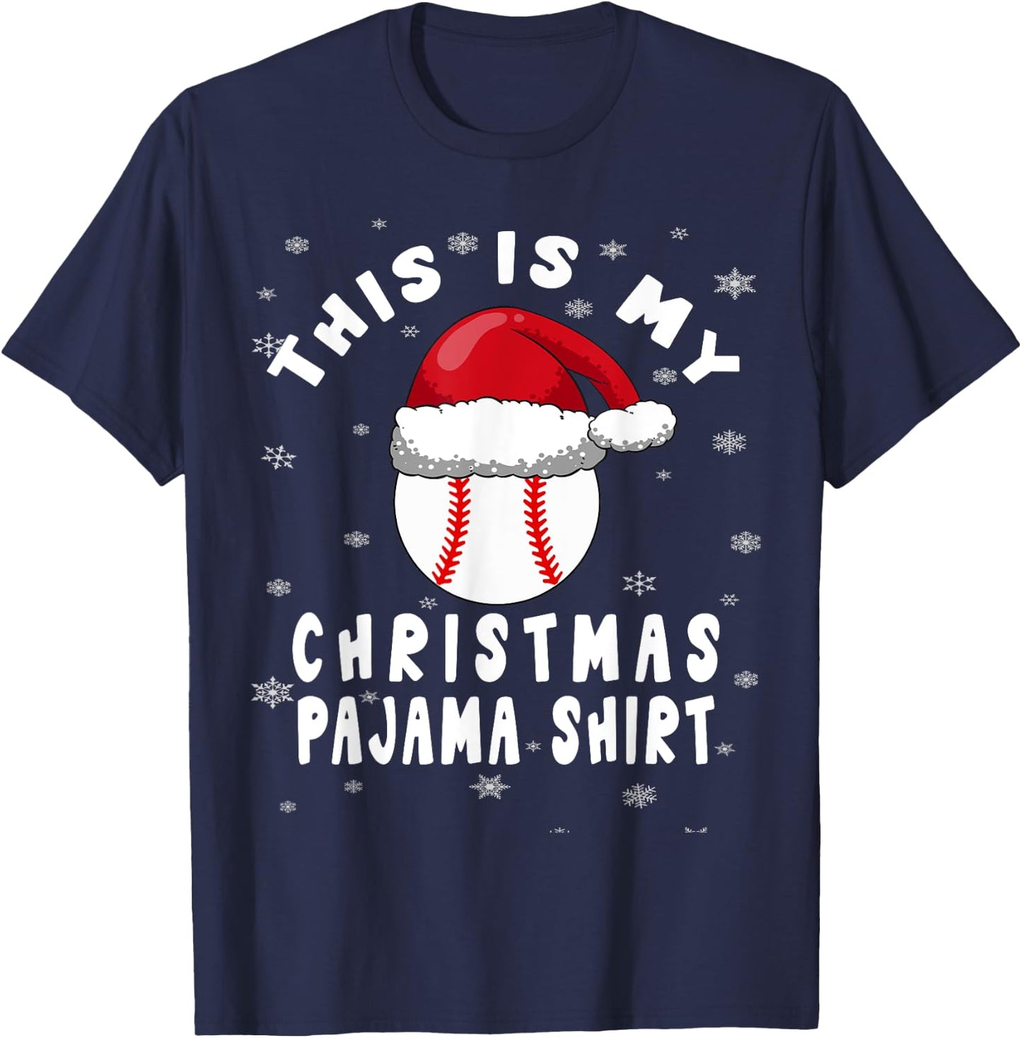 Baseball Christmas Pajama Shirt Santa Hat Snowflakes T-Shirt - T-Shirt | Navy