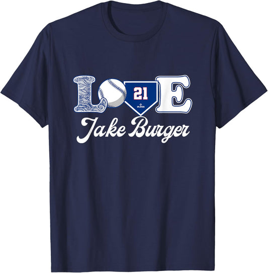 Love Jake Burger Texas Baseball MLBPA T-Shirt - T-Shirt | Navy