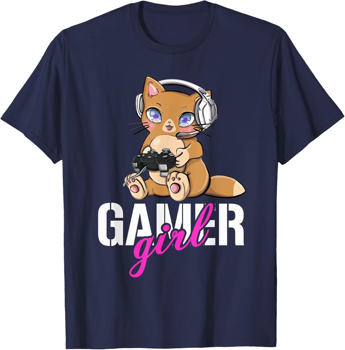 Gamer Cat Girl Gaming Cute Gamer Cats Cats And Gaming T-Shirt - T-Shirt | Navy