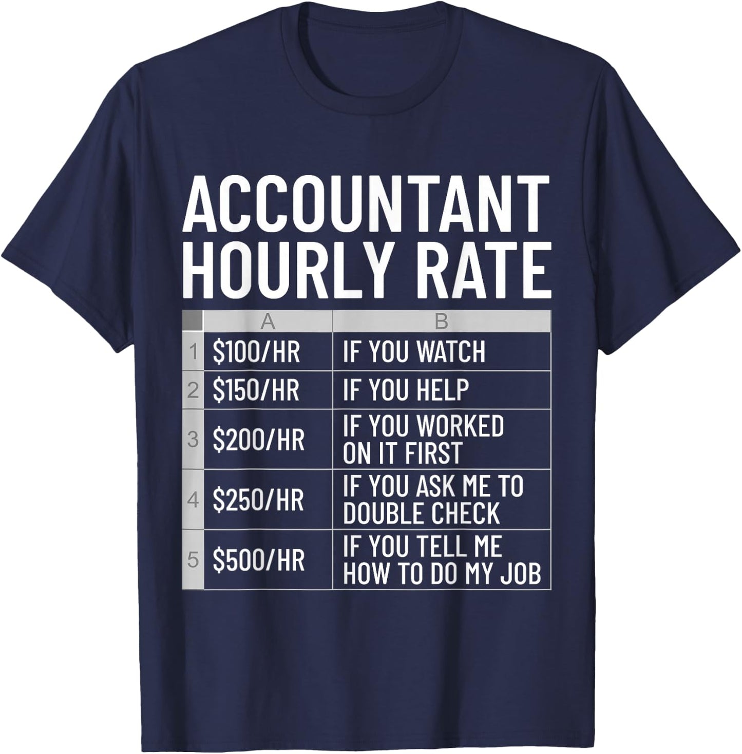 Funny Accountant Hourly Rate CPA Accounting Bookkeeping T-Shirt - T-Shirt | Navy