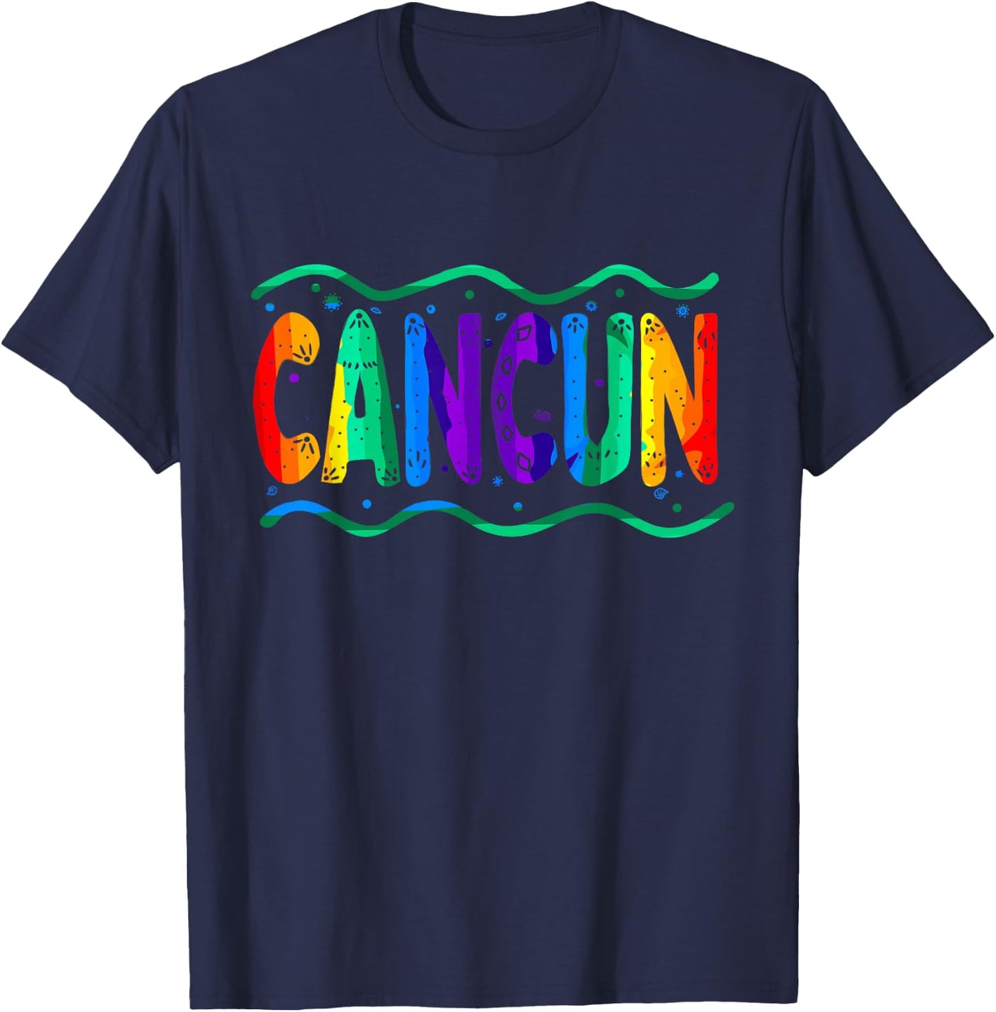 Rainbow Cancun Mexico Typography Ocean Waves T-Shirt - T-Shirt | Navy