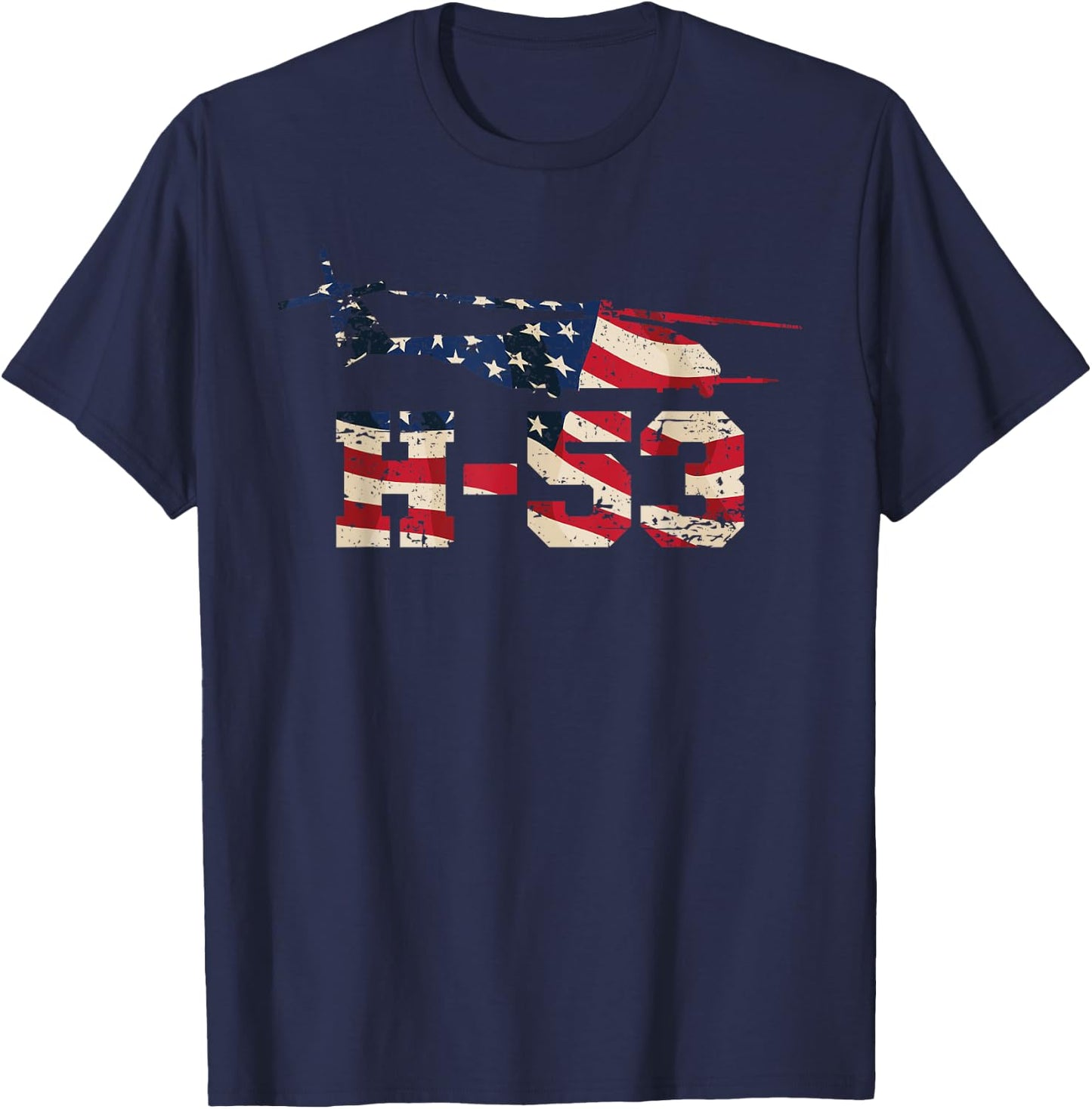 American H-53 Helicopter with USA Flag Overlay Distressed T-Shirt - T-Shirt | Navy