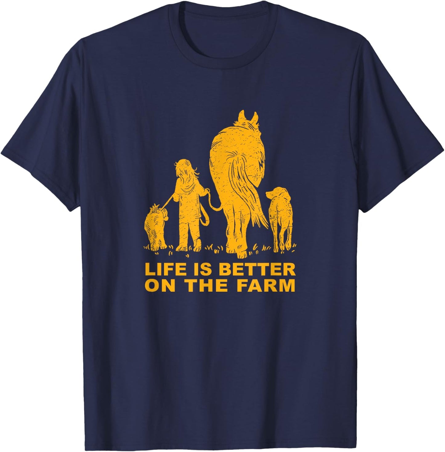 LIFE IS BETTER ON THE FARM - Fun Girl With Horse and Dogs T-Shirt - T-Shirt | Navy