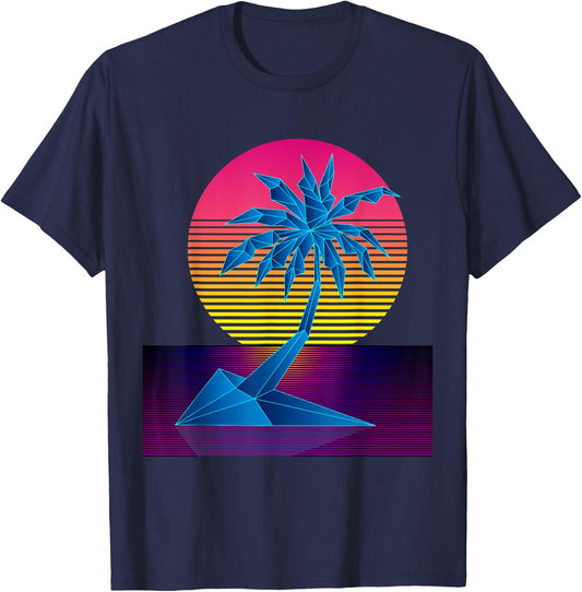 Vaporwave Digital Art Palm Tree & Sunset Retro 80s Beach Art T-Shirt - T-Shirt | Navy
