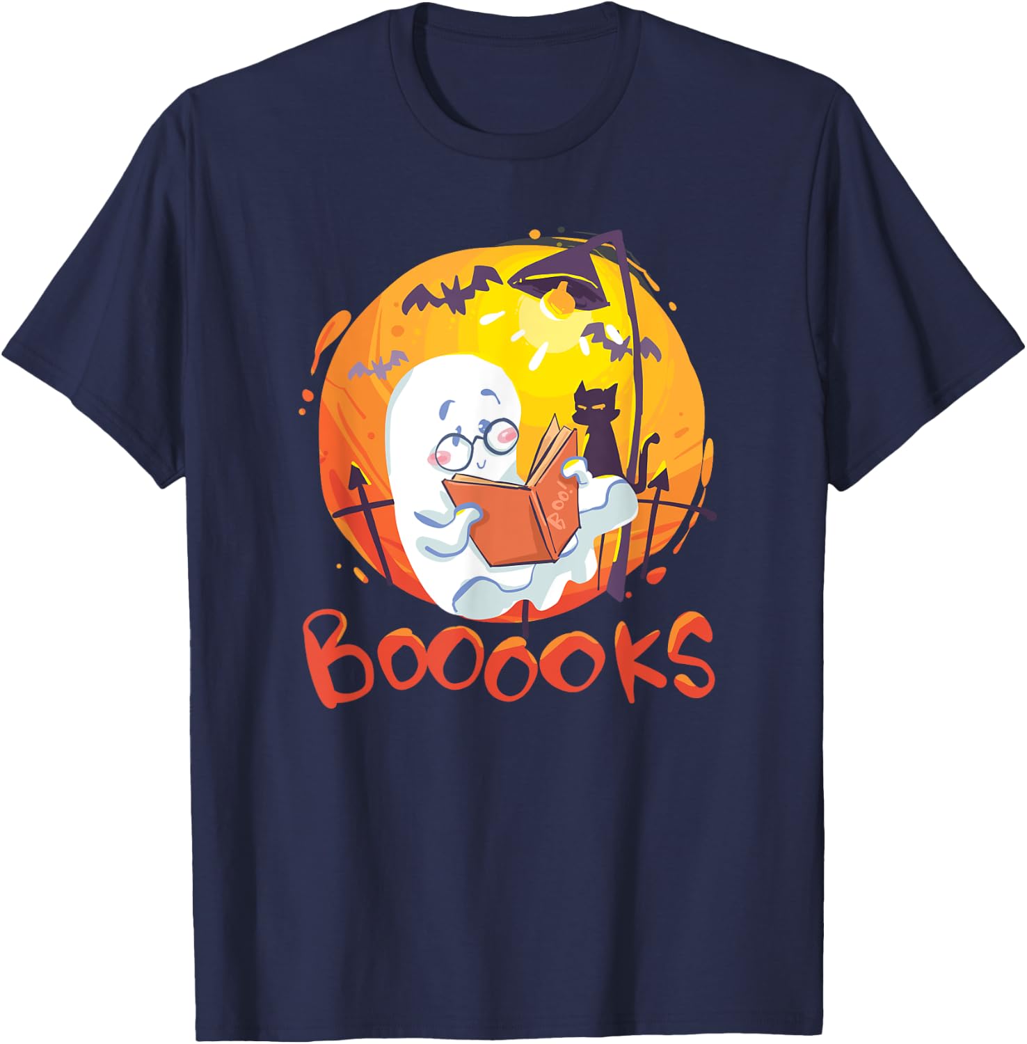 Booooks Ghost Funny Halloween Teacher Book Library Reading T-Shirt - T-Shirt | Navy